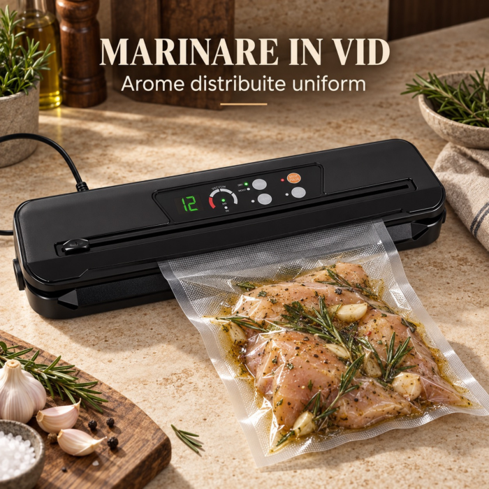 Aparat de vidat si sigilat VarioShop®, pentru alimente uscate si umede, 110W, presiune 80 kPa, taietor folie, 10 pungi incluse, latime sac 30 cm, negru [8]