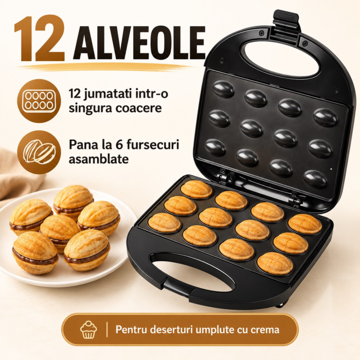 Aparat electric pentru copt nuci VarioShop®, 12 forme, 750W, suprafață antiaderentă, indicator luminos, încălzire rapidă, termostat, 23 x 22,5 x 7 cm, negru [5]