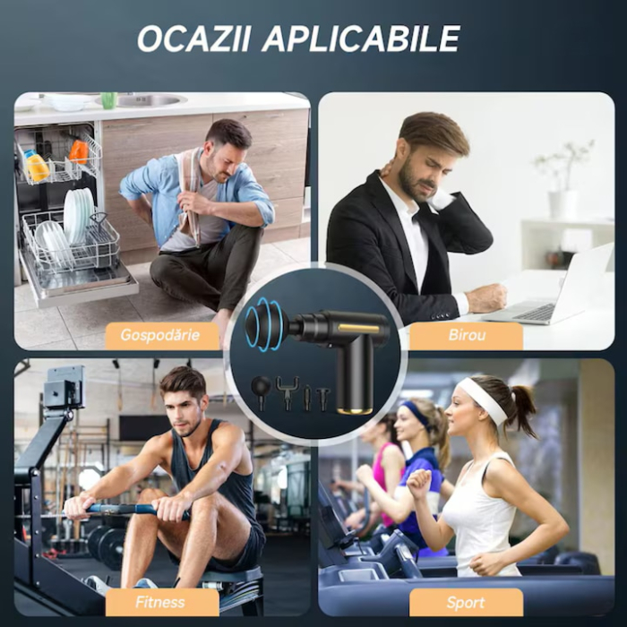 Aparat pentru masaj profesional VarioShop®, tip pistol, 25W, 6 viteze reglabil, 4 capete de masaj interschimbabile, autonomie 3 ore, motor silentios, 1200mAh, culoare neagra [9]