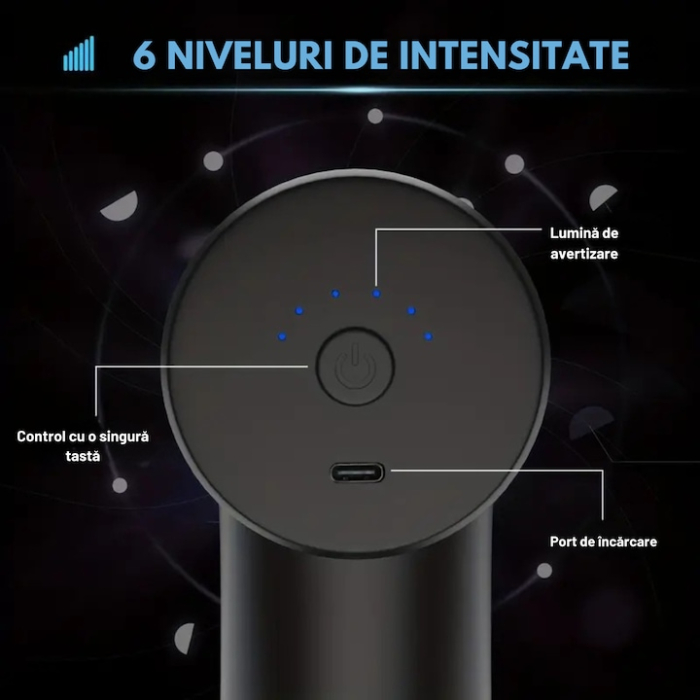Aparat pentru masaj profesional VarioShop®, tip pistol, 25W, 6 viteze reglabil, 4 capete de masaj interschimbabile, autonomie 3 ore, motor silentios, 1200mAh, culoare neagra [2]
