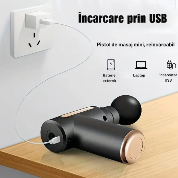 Aparat pentru masaj profesional VarioShop®, tip pistol, 25W, 6 viteze reglabil, 4 capete de masaj interschimbabile, autonomie 3 ore, motor silentios, 1200mAh, culoare neagra [17]