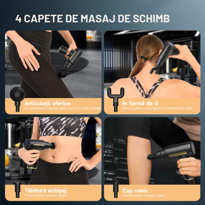 Aparat pentru masaj profesional VarioShop®, tip pistol, 25W, 6 viteze reglabil, 4 capete de masaj interschimbabile, autonomie 3 ore, motor silentios, 1200mAh, culoare neagra [6]