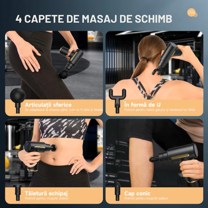 Aparat Pentru Masaj Profesional VarioShop, tip pistol, cu 4 capete interschimbabile, 6 trepte de viteza, ideal pentru gat, spate, brate, picioare, anti-celulita, relaxare si tonifiere musculara, bater [12]