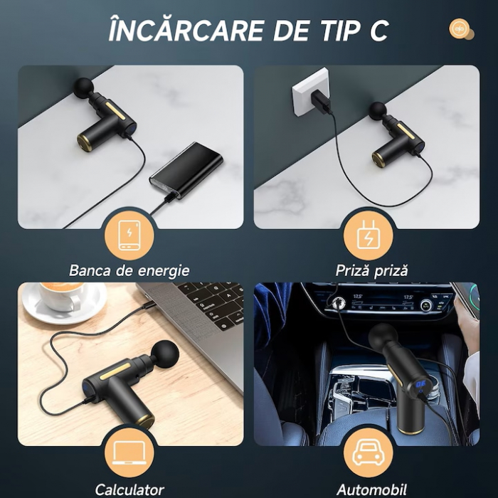 Aparat Pentru Masaj Profesional VarioShop, tip pistol, cu 4 capete interschimbabile, 6 trepte de viteza, ideal pentru gat, spate, brate, picioare, anti-celulita, relaxare si tonifiere musculara, bater [11]