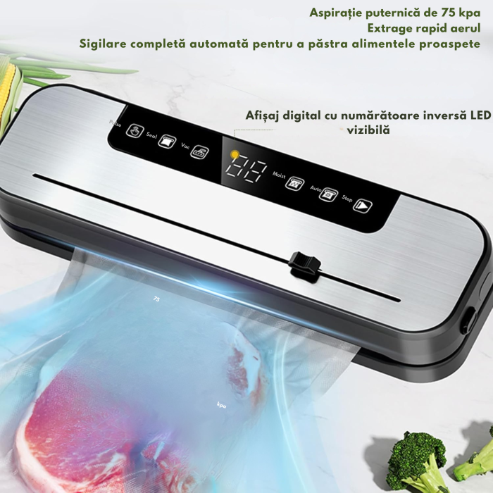 Aparat vidat alimentar multifunctional VarioShop®, pentru depozitarea alimentelor, cu sterilizare UV, afisaj digital si taietor de folie integrat, latime sigilare 30 cm, argintiu [11]