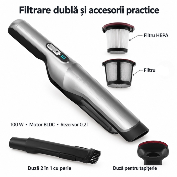 Aspirator auto 3 in 1 portabil VarioShop®, pentru masina si casa, motor BLDC, 100 W, 16.000 Pa, filtru HEPA, statie de incarcare, negru/gri [5]