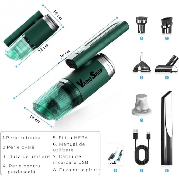 Aspirator Auto Portabil cu 5 accesorii+husa VarioShop®, Pentru uz caznic sau auto, Functie de aspirare, suflanta si vaccum, 2 viteze, 2 filtre hepa, 14000Pa, Putere 120W, Acumulator 2800 mAh, Incarcar [3]