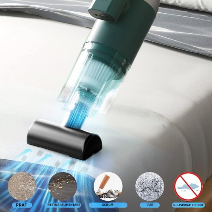 Aspirator Auto Portabil cu 5 accesorii+husa VarioShop®, Pentru uz caznic sau auto, Functie de aspirare, suflanta si vaccum, 2 viteze, 2 filtre hepa, 14000Pa, Putere 120W, Acumulator 2800 mAh, Incarcar [5]