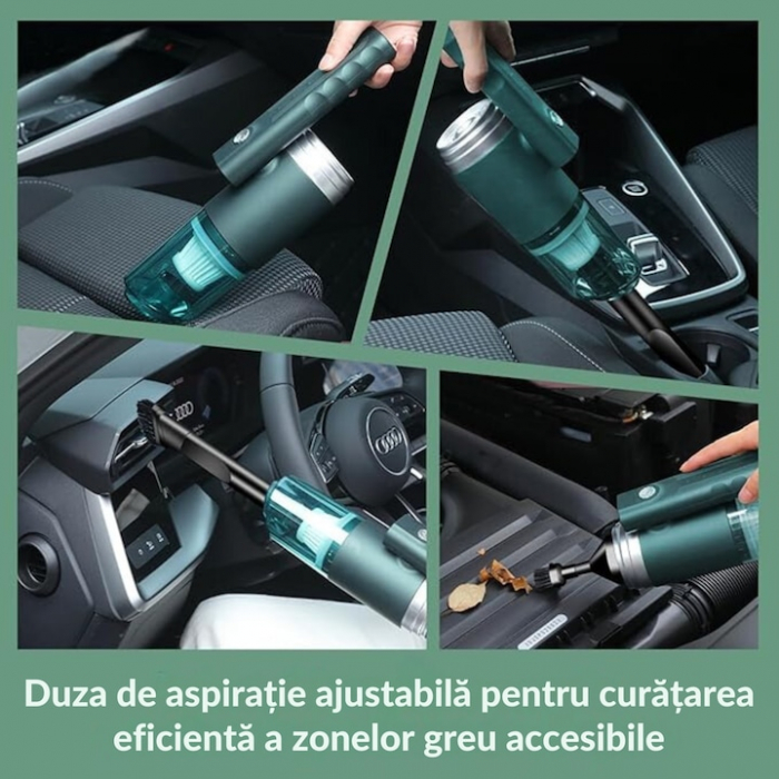 Aspirator Auto Portabil cu 5 accesorii+husa VarioShop®, Pentru uz caznic sau auto, Functie de aspirare, suflanta si vaccum, 2 viteze, 2 filtre hepa, 14000Pa, Putere 120W, Acumulator 2800 mAh, Incarcar [12]