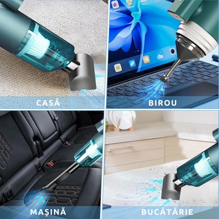 Aspirator Auto Portabil cu 5 accesorii+husa VarioShop®, Pentru uz caznic sau auto, Functie de aspirare, suflanta si vaccum, 2 viteze, 2 filtre hepa, 14000Pa, Putere 120W, Acumulator 2800 mAh, Incarcar [9]