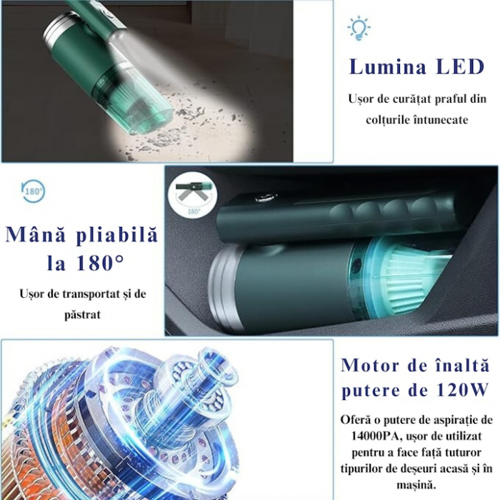 Aspirator Auto Portabil cu 5 accesorii+husa VarioShop®, Pentru uz caznic sau auto, Functie de aspirare, suflanta si vaccum, 2 viteze, 2 filtre hepa, 14000Pa, Putere 120W, Acumulator 2800 mAh, Incarcar [14]