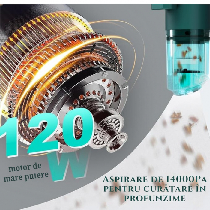 Aspirator Auto Portabil cu 5 accesorii+husa VarioShop®, Pentru uz caznic sau auto, Functie de aspirare, suflanta si vaccum, 2 viteze, 2 filtre hepa, 14000Pa, Putere 120W, Acumulator 2800 mAh, Incarcar [13]