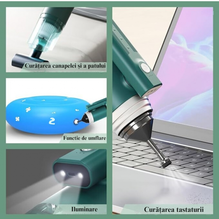 Aspirator Auto Portabil cu 5 accesorii+husa VarioShop®, Pentru uz caznic sau auto, Functie de aspirare, suflanta si vaccum, 2 viteze, 2 filtre hepa, 14000Pa, Putere 120W, Acumulator 2800 mAh, Incarcar [8]
