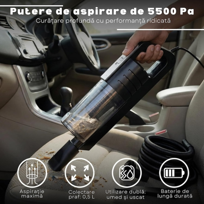 Aspirator auto portabil VarioShop®, 12V, 100W, 5.5 kPa, tehnologie ciclonica, filtru HEPA, perie TURBO cu LED, set complet de accesorii [8]