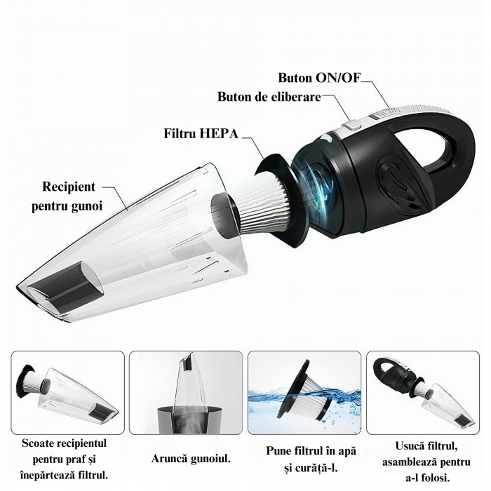 Aspirator de mana portabil cu acumultor VarioShop®, pentru uz caznic sau auto, husa inclusa, incarcare USB, 32.000 rot/min, putere 120W, 5 duze diferite, 34cm x 10cm x 5.5cm, Negru [11]