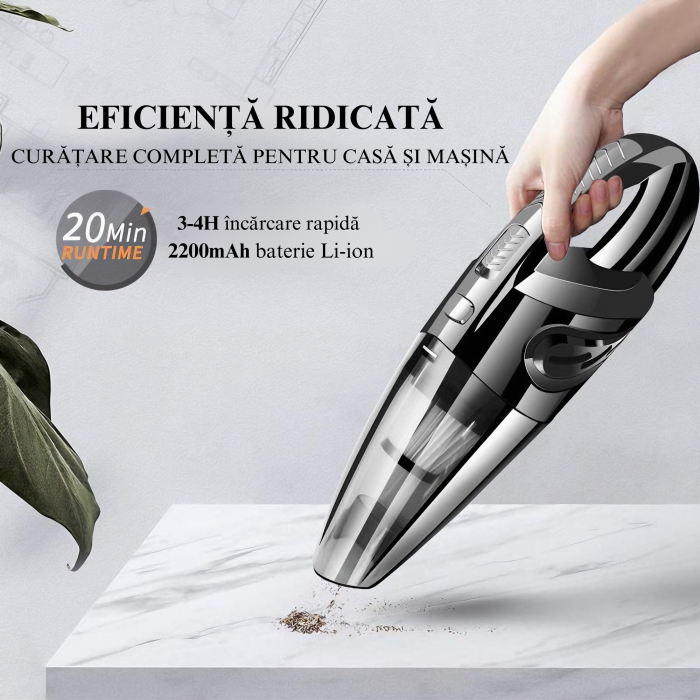 Aspirator de mana portabil cu acumultor VarioShop®, pentru uz caznic sau auto, husa inclusa, incarcare USB, 32.000 rot/min, putere 120W, 5 duze diferite, 34cm x 10cm x 5.5cm, Negru [8]