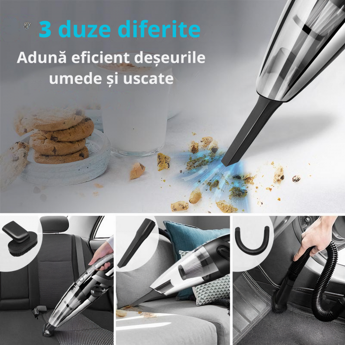 Aspirator de mana portabil cu acumultor VarioShop®, pentru uz caznic sau auto, husa inclusa, incarcare USB, 32.000 rot/min, putere 120W, 5 duze diferite, 34cm x 10cm x 5.5cm, Negru [24]