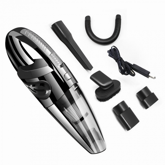 Aspirator de mana portabil cu acumultor VarioShop®, pentru uz caznic sau auto, husa inclusa, incarcare USB, 32.000 rot/min, putere 120W, 5 duze diferite, 34cm x 10cm x 5.5cm, Negru [34]