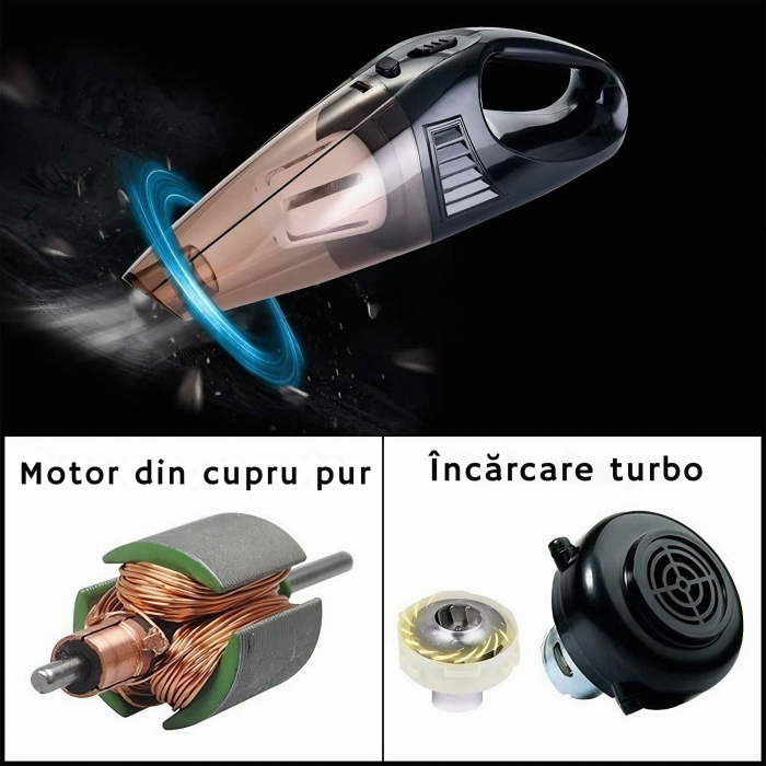 Aspirator de mana portabil cu acumultor VarioShop®, pentru uz caznic sau auto, husa inclusa, incarcare USB, 32.000 rot/min, putere 120W, 5 duze diferite, 34cm x 10cm x 5.5cm, Negru [16]