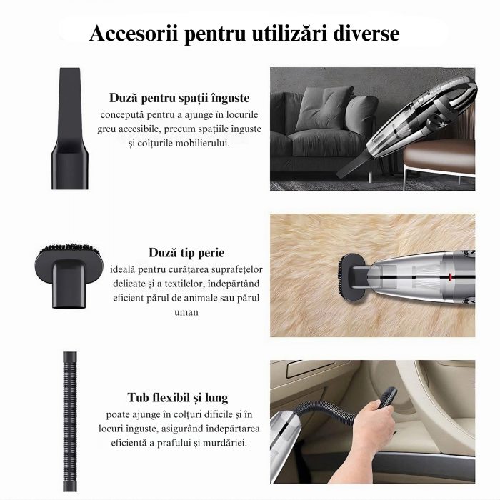 Aspirator de mana portabil cu acumultor VarioShop®, pentru uz caznic sau auto, husa inclusa, incarcare USB, 32.000 rot/min, putere 120W, 5 duze diferite, 34cm x 10cm x 5.5cm, Negru [31]