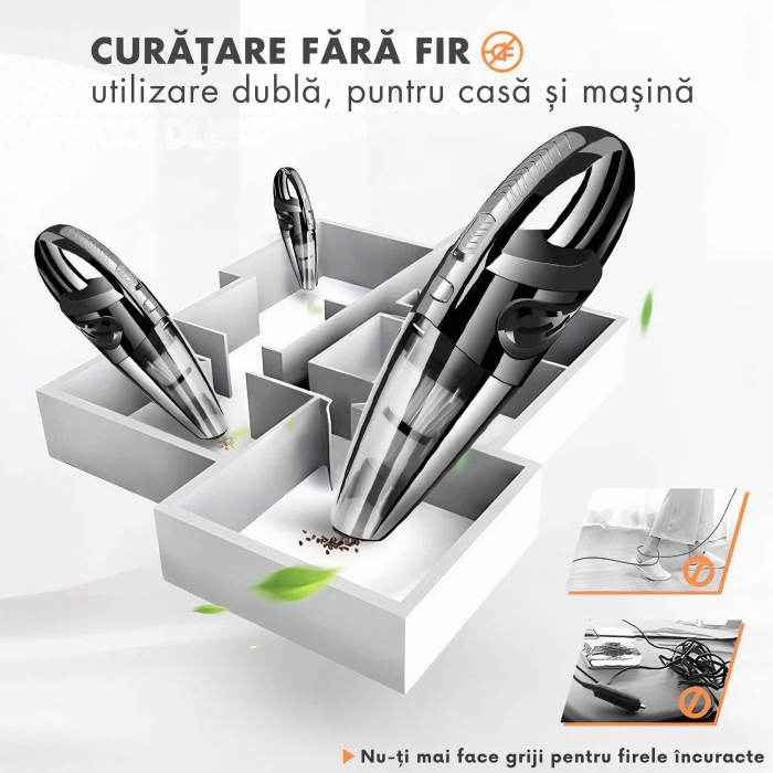 Aspirator de mana portabil cu acumultor VarioShop®, pentru uz caznic sau auto, husa inclusa, incarcare USB, 32.000 rot/min, putere 120W, 5 duze diferite, 34cm x 10cm x 5.5cm, Negru [29]