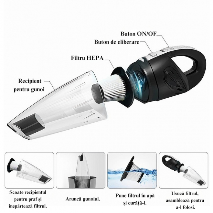 Aspirator de mana portabil cu acumultor VarioShop®, pentru uz caznic sau auto, incarcare USB, 32.000 rot/min, putere 120W, 5 duze ideale pentru spatii inguste, 34cm x 10cm x 5.5cm, Negru [11]