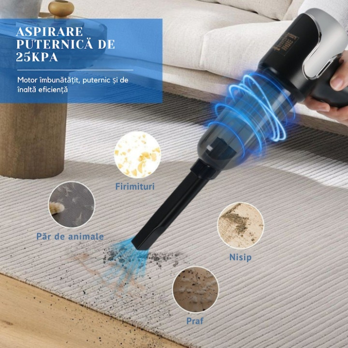 Aspirator portabil fara fir VarioShop®, pentru masina si casa, putere 120 W, aspirare 5000 Pa, 6 duze pentru crapaturi si suprafete delicate, incarcare USB [2]