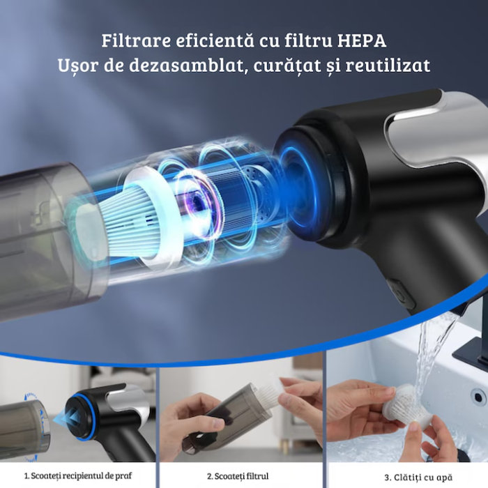 Aspirator portabil fara fir VarioShop®, pentru masina si casa, putere 120 W, aspirare 5000 Pa, 6 duze pentru crapaturi si suprafete delicate, incarcare USB [3]