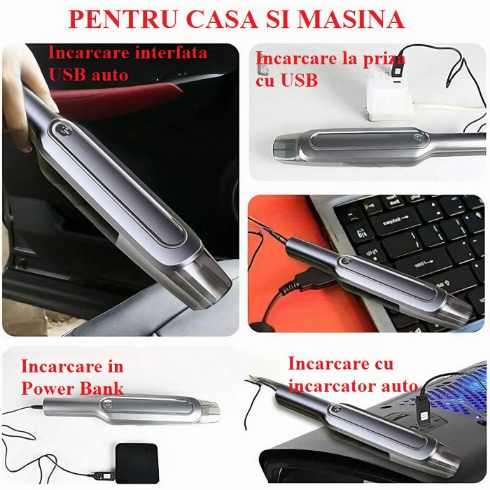 Aspirator portabil pentru casa si masina VarioShop®, Putere 60 W, Compact, Portabil, Filtru HEPA, 2 accesorii de curatare a spatiilor inguste, Incarcare prin USB-C, Autonomie 30 minute, Baterie 4000 m [14]