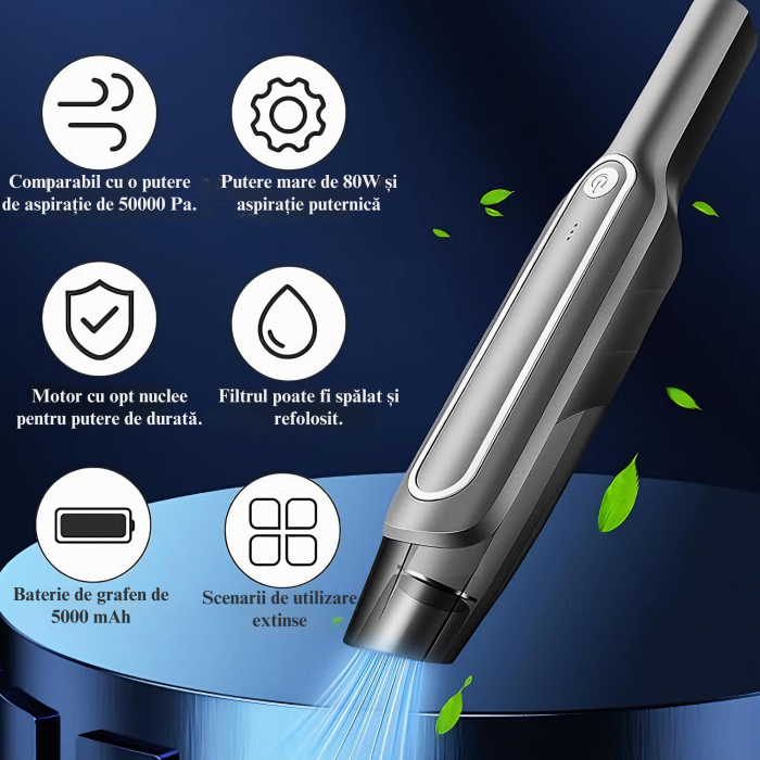 Aspirator portabil pentru casa si masina VarioShop®, Putere 60 W, Compact, Portabil, Filtru HEPA, 2 accesorii de curatare a spatiilor inguste, Incarcare prin USB-C, Autonomie 30 minute, Baterie 4000 m [25]