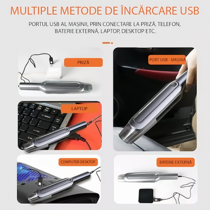 Aspirator portabil pentru casa si masina VarioShop®, Putere 60 W, Compact, Portabil, Filtru HEPA, 2 accesorii de curatare a spatiilor inguste, Incarcare prin USB-C, Autonomie 30 minute, Baterie 4000 m [13]