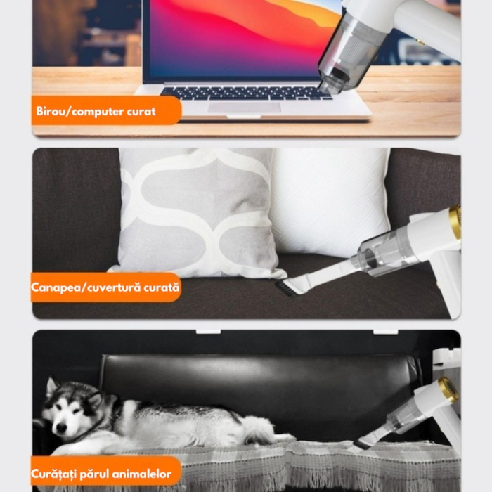 Aspirator portabil pliabil pentru masina si casa cu putere de aspiratie 9000PA, iluminare LED si accesorii multifunctionale, Alb [3]