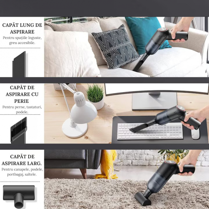 Aspirator Portabil VarioShop® 3 duze incluse, ideal pentru casa si masina, incluse accesorii versatile pentru curatare rapida si eficienta, putere aspirare 8000 PA, baterie 2000mAh, timp de rulare 30 [16]