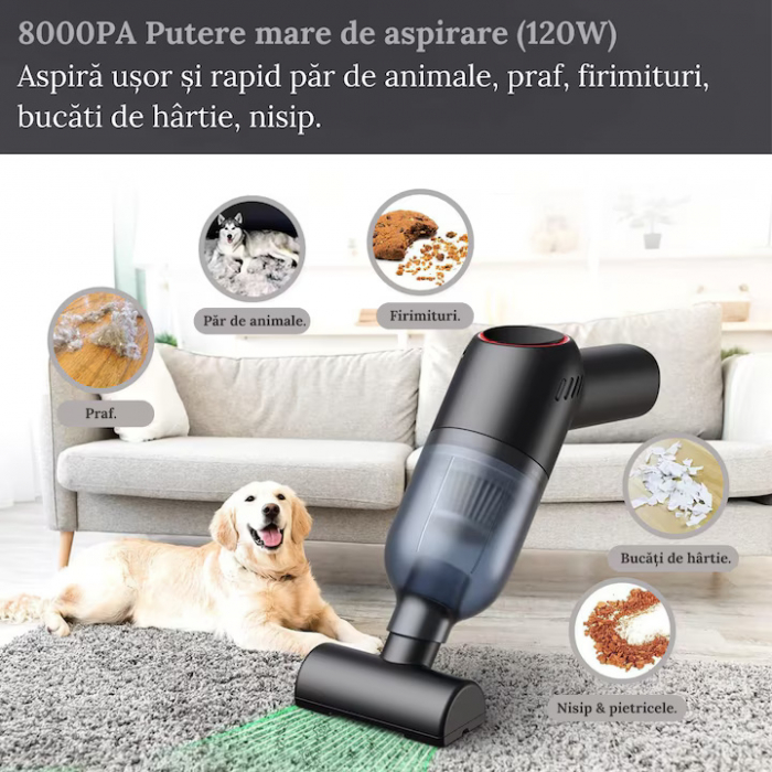 Aspirator Portabil VarioShop® 3 duze incluse, ideal pentru casa si masina, incluse accesorii versatile pentru curatare rapida si eficienta, putere aspirare 8000 PA, baterie 2000mAh, timp de rulare 30 [40]