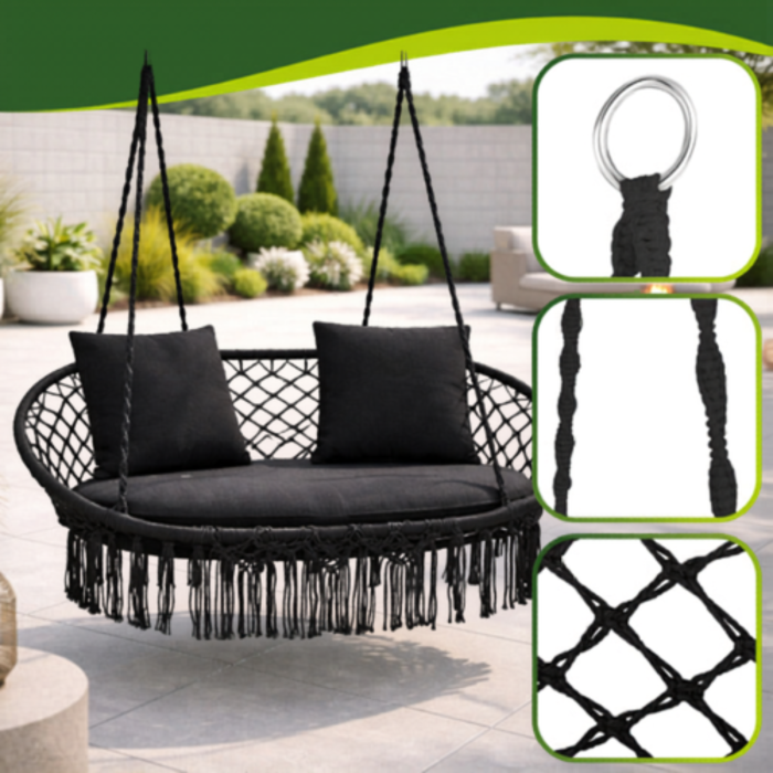 Balansoar dublu tip leagan suspendat Varioshop, fotoliu suspendat 2 persoane, negru, 300 kg, cu perne incluse, pentru interior si exterior [2]
