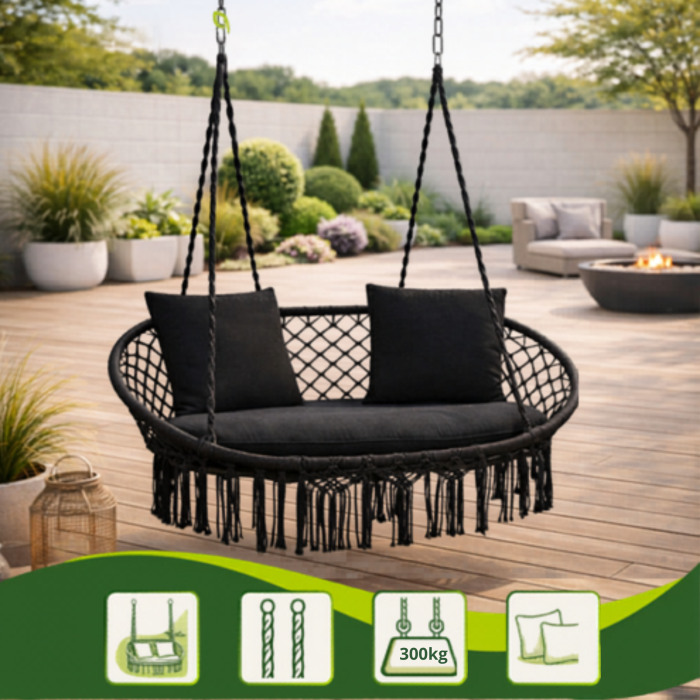 Balansoar dublu tip leagan suspendat Varioshop, fotoliu suspendat 2 persoane, negru, 300 kg, cu perne incluse, pentru interior si exterior [8]