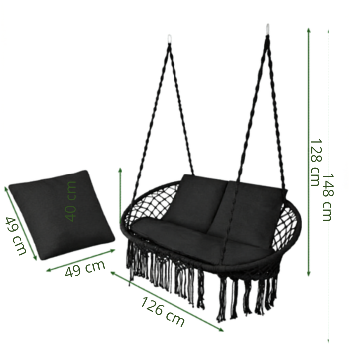 Balansoar dublu tip leagan suspendat Varioshop, fotoliu suspendat 2 persoane, negru, 300 kg, cu perne incluse, pentru interior si exterior [9]