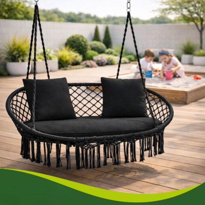 Balansoar dublu tip leagan suspendat Varioshop, fotoliu suspendat 2 persoane, negru, 300 kg, cu perne incluse, pentru interior si exterior [5]