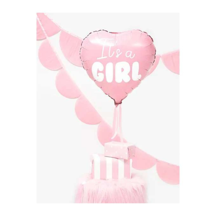 Balon folie VarioShop® It’s a Girl 45 cm, forma inima roz cu imprimeu alb, balon heliu sau aer pentru Baby Shower, gender reveal, decor petrecere fetita [2]