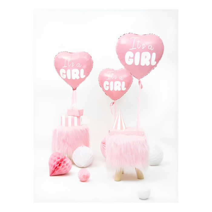 Balon folie VarioShop® It’s a Girl 45 cm, forma inima roz cu imprimeu alb, balon heliu sau aer pentru Baby Shower, gender reveal, decor petrecere fetita [4]