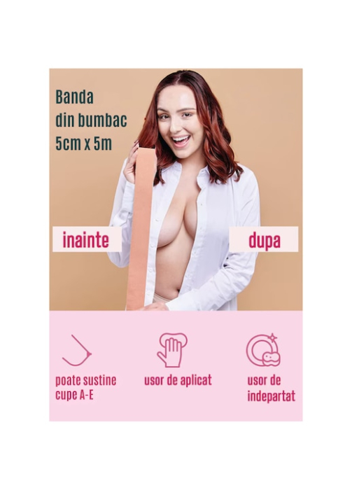 Banda elastica adeziva pentru sustinerea si ridicarea bustului VarioShop®, material respirabil, rezistenta, impermeabila, pentru toate marimile, 10 plasturi inclusi, 500 x 5 cm, Bej [3]