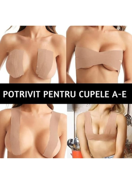 Banda elastica adeziva pentru sustinerea si ridicarea bustului VarioShop®, material respirabil, rezistenta, impermeabila, pentru toate marimile, 10 plasturi inclusi, 500 x 5 cm, Bej [8]