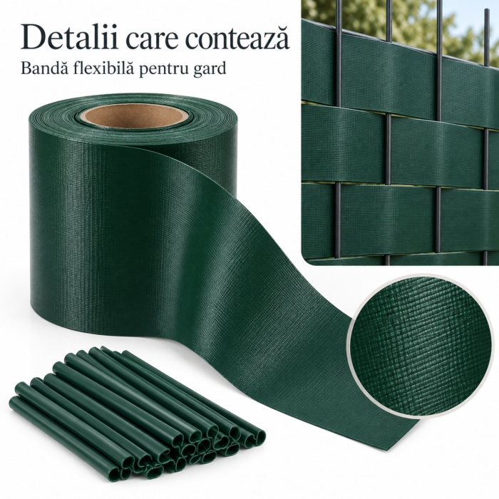 Banda pentru gard VarioShop®, pentru panouri, balcon si terasa, PVC 450 g/m², rezistenta la UV si umiditate, 25 cleme, 19x3500 cm, verde [4]
