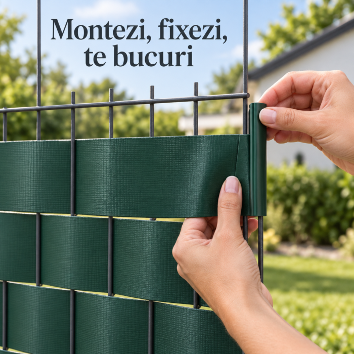 Banda pentru gard VarioShop®, pentru panouri, balcon si terasa, PVC 450 g/m², rezistenta la UV si umiditate, 25 cleme, 19x3500 cm, verde [2]