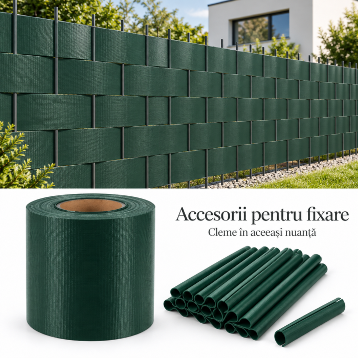 Banda pentru gard VarioShop®, pentru panouri, balcon si terasa, PVC 450 g/m², rezistenta la UV si umiditate, 25 cleme, 19x3500 cm, verde [7]