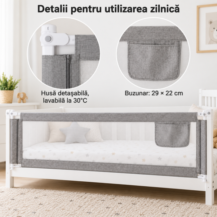 Bariera de pat copii VarioShop, pentru protectie laterala, coborare prin butoane, plasa lavabila, inaltime reglabila, fier si poliester, latime 160 cm, alb-gri [2]