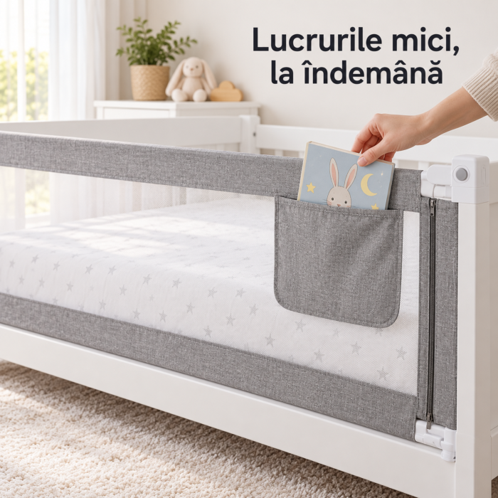 Bariera de pat copii VarioShop, pentru protectie laterala, coborare prin butoane, plasa lavabila, inaltime reglabila, fier si poliester, latime 160 cm, alb-gri [6]