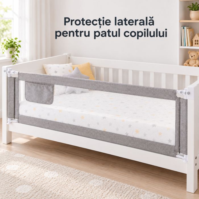 Bariera de pat copii VarioShop, pentru protectie laterala, coborare prin butoane, plasa lavabila, inaltime reglabila, fier si poliester, latime 160 cm, alb-gri [3]