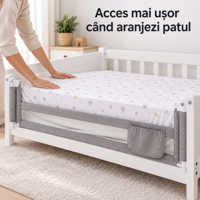 Bariera de pat copii VarioShop, pentru protectie laterala, coborare prin butoane, plasa lavabila, inaltime reglabila, fier si poliester, latime 160 cm, alb-gri [7]