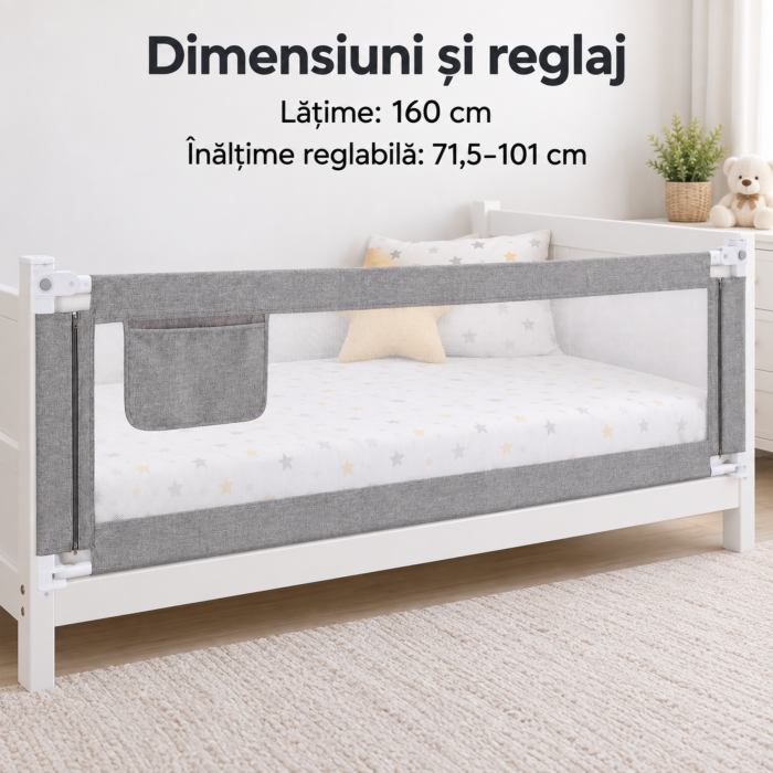 Bariera de pat copii VarioShop, pentru protectie laterala, coborare prin butoane, plasa lavabila, inaltime reglabila, fier si poliester, latime 160 cm, alb-gri [4]
